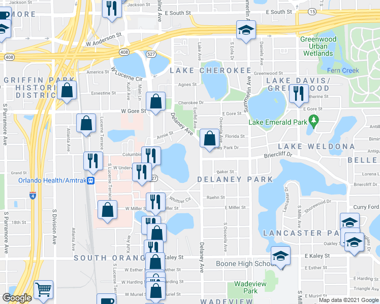 map of restaurants, bars, coffee shops, grocery stores, and more near 1100 Delaney Avenue in Orlando