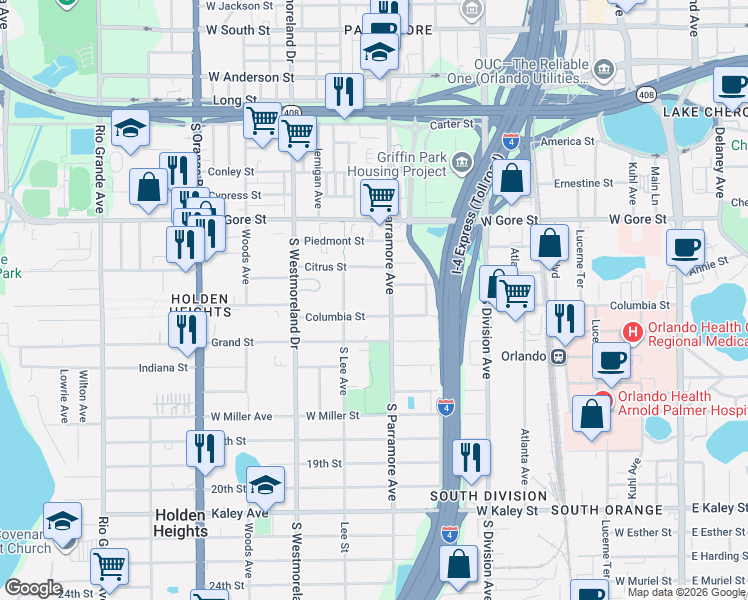 map of restaurants, bars, coffee shops, grocery stores, and more near 1107 South Lee Avenue in Orlando
