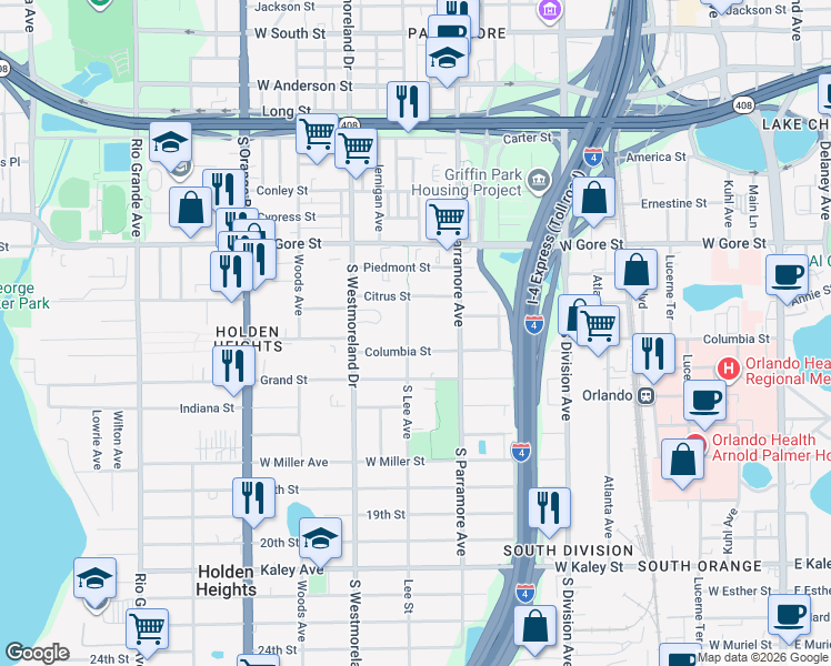 map of restaurants, bars, coffee shops, grocery stores, and more near 1107 South Lee Avenue in Orlando