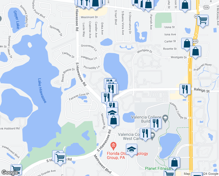map of restaurants, bars, coffee shops, grocery stores, and more near 1071 South Hiawassee Road in Orlando