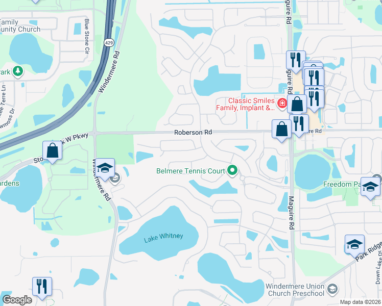 map of restaurants, bars, coffee shops, grocery stores, and more near 11527 Via Lucerna Circle in Windermere