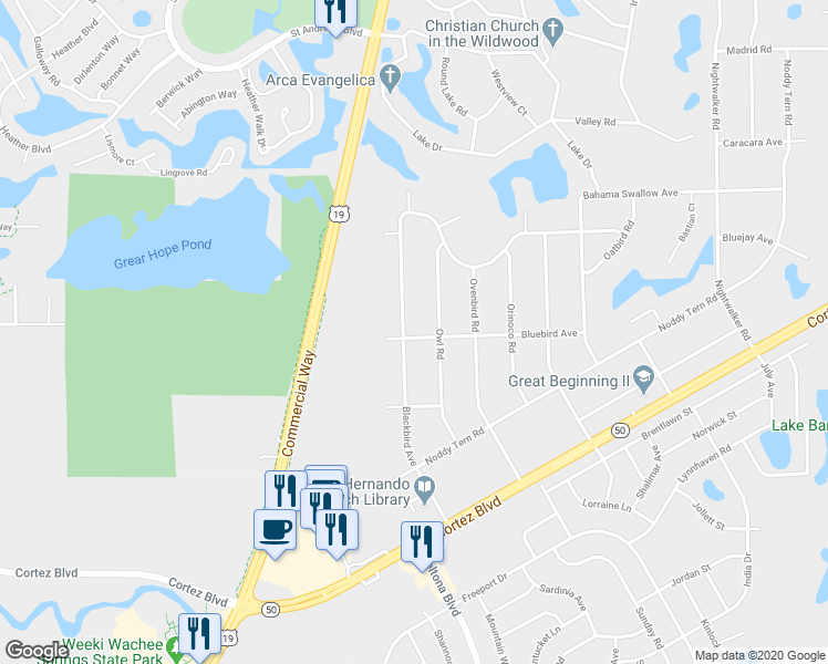map of restaurants, bars, coffee shops, grocery stores, and more near 7012 Blackbird Avenue in Weeki Wachee