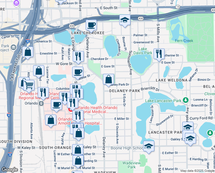 map of restaurants, bars, coffee shops, grocery stores, and more near 414 Delaney Park Drive in Orlando