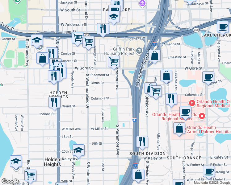 map of restaurants, bars, coffee shops, grocery stores, and more near 1140 South Parramore Avenue in Orlando