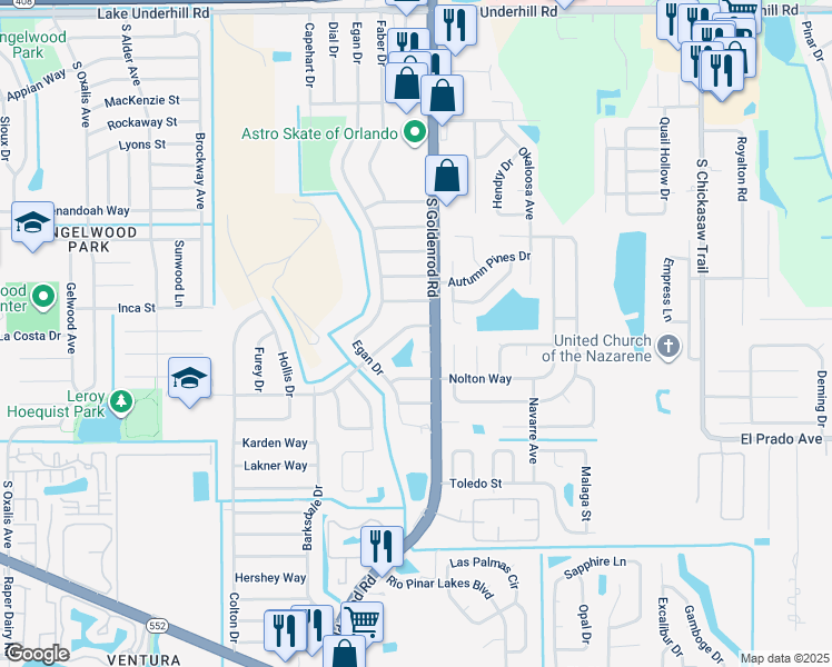 map of restaurants, bars, coffee shops, grocery stores, and more near 7409 Autumnvale Drive in Orlando