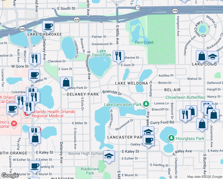 map of restaurants, bars, coffee shops, grocery stores, and more near 1108 Delaney Park Drive in Orlando