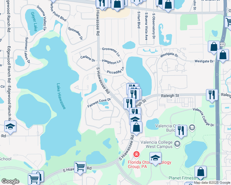 map of restaurants, bars, coffee shops, grocery stores, and more near 1051 South Hiawassee Road in Orlando