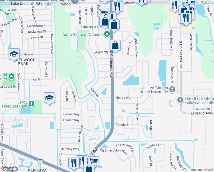 map of restaurants, bars, coffee shops, grocery stores, and more near 7409 Autumnvale Drive in Orlando