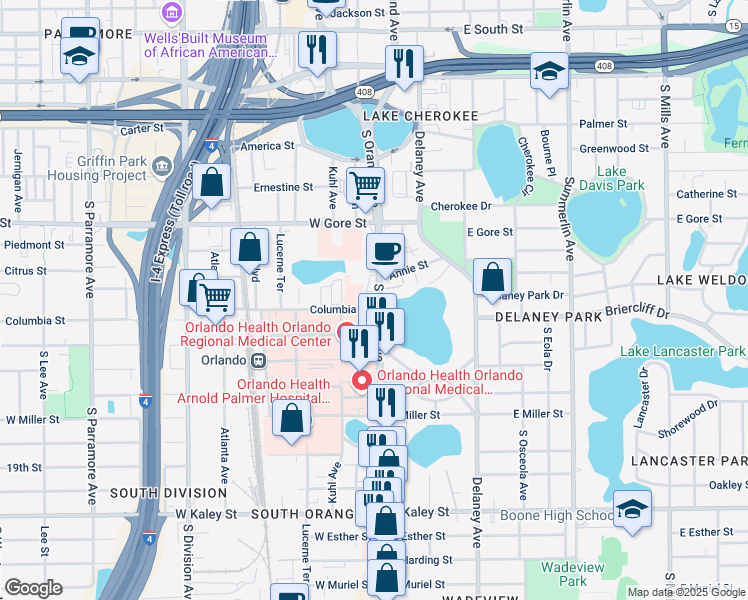 map of restaurants, bars, coffee shops, grocery stores, and more near 1118 South Orange Avenue in Orlando