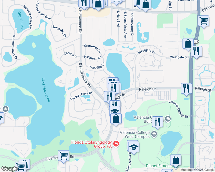 map of restaurants, bars, coffee shops, grocery stores, and more near 1077 South Hiawassee Road in Orlando