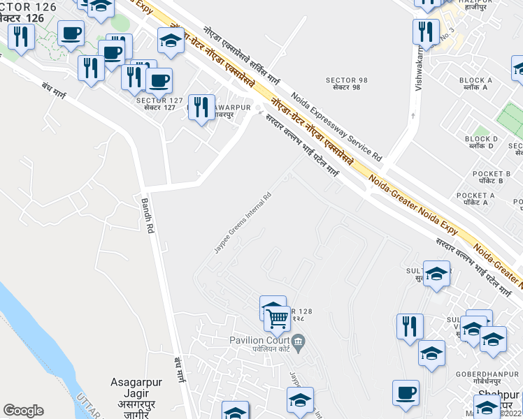 map of restaurants, bars, coffee shops, grocery stores, and more near Noida Greater Noida Express Way in New Okhla Industrial Development Area