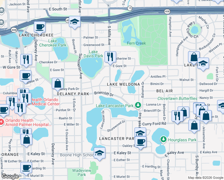 map of restaurants, bars, coffee shops, grocery stores, and more near 1108 Delaney Park Drive in Orlando