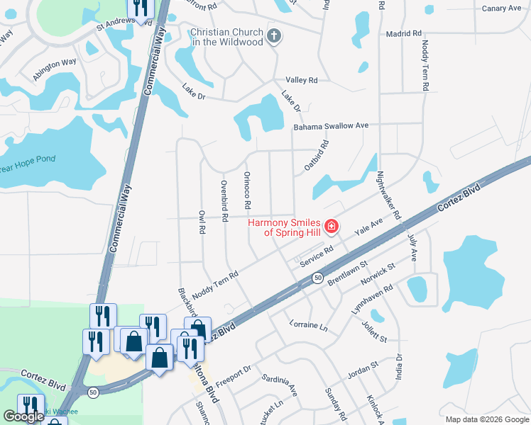 map of restaurants, bars, coffee shops, grocery stores, and more near 7011 Oregon Chickadee Road in Brooksville