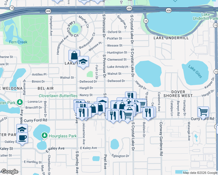 map of restaurants, bars, coffee shops, grocery stores, and more near 2901 Hargill Drive in Orlando