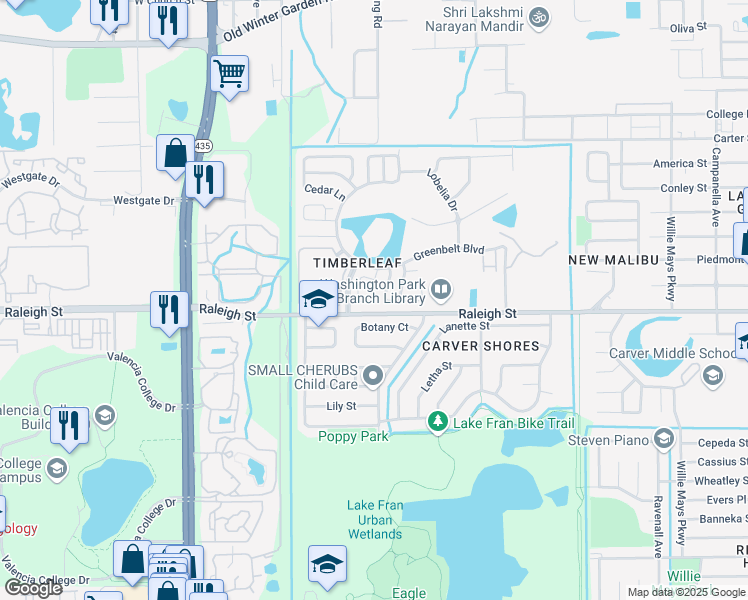 map of restaurants, bars, coffee shops, grocery stores, and more near 1030 Clovercrest Road in Orlando