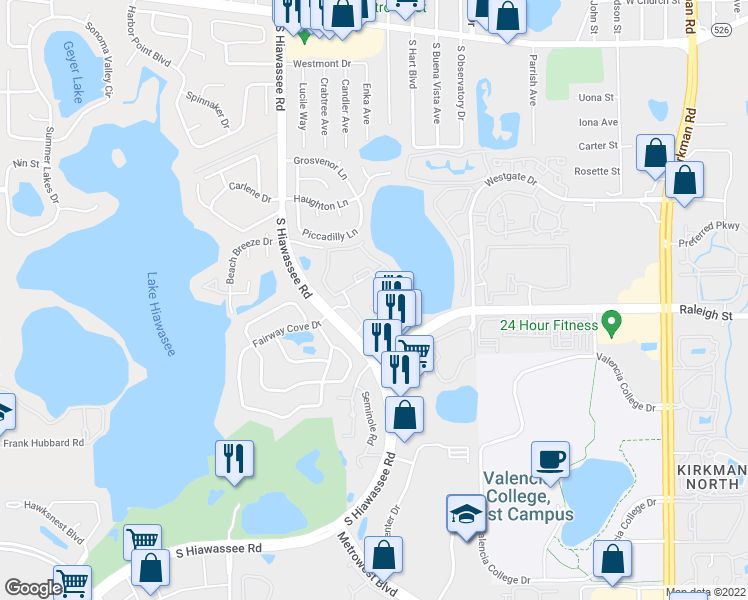 map of restaurants, bars, coffee shops, grocery stores, and more near 1055 South Hiawassee Road in Orlando