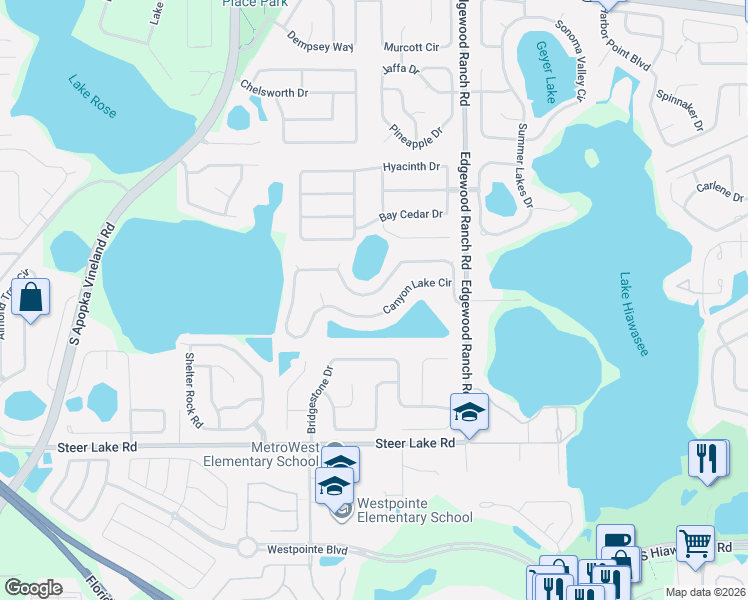 map of restaurants, bars, coffee shops, grocery stores, and more near 7878 Canyon Lake Circle in Orlando
