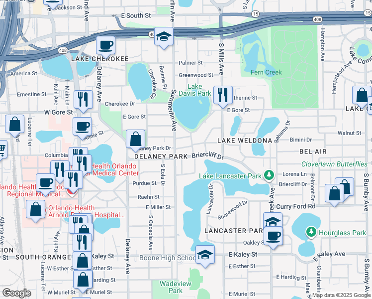 map of restaurants, bars, coffee shops, grocery stores, and more near 720 Delaney Park Drive in Orlando