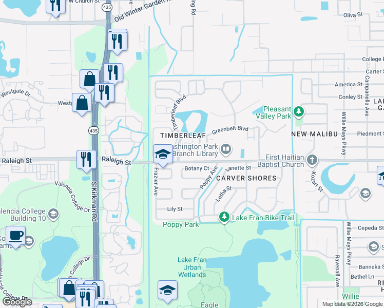 map of restaurants, bars, coffee shops, grocery stores, and more near 1030 Clovercrest Road in Orlando