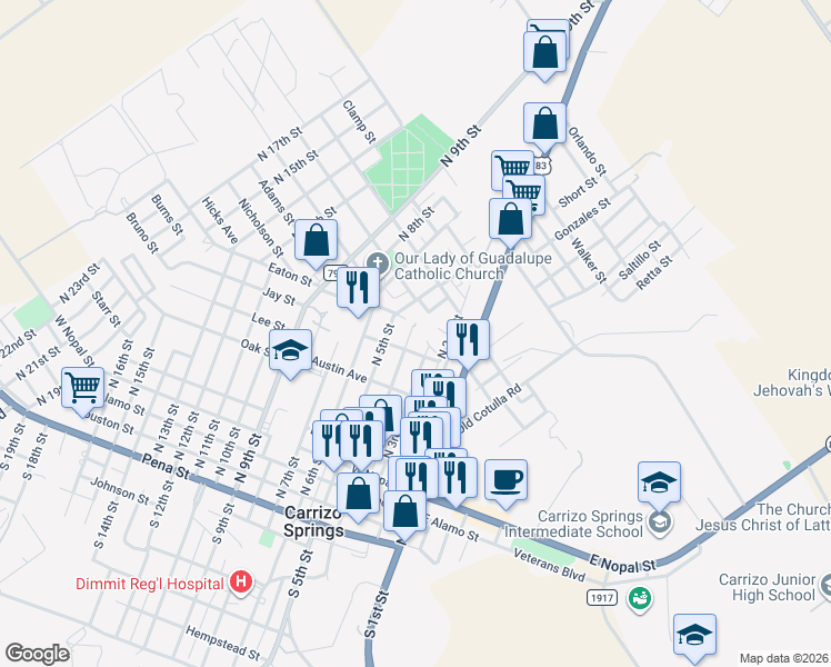 map of restaurants, bars, coffee shops, grocery stores, and more near 909 North 4th Street in Carrizo Springs