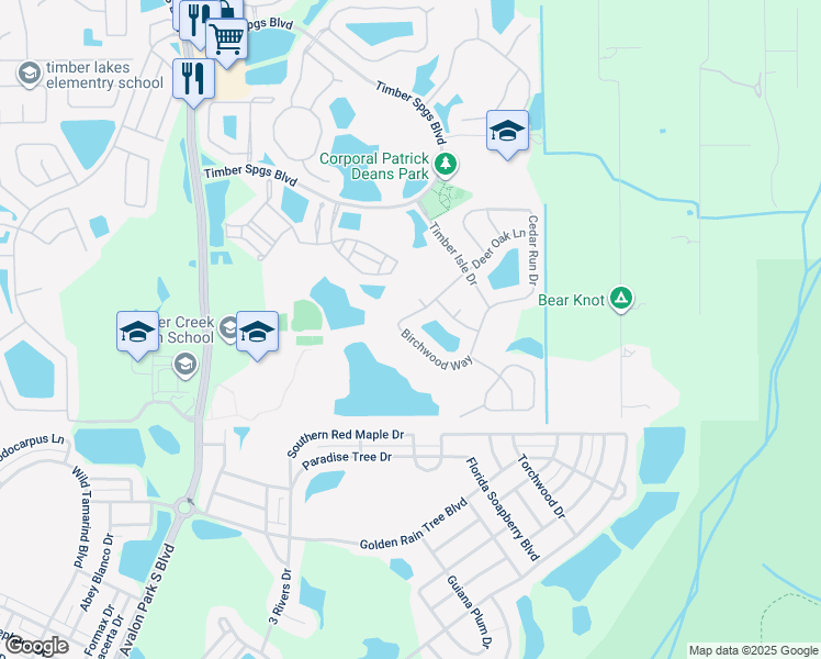 map of restaurants, bars, coffee shops, grocery stores, and more near 16125 Birchwood Way in Orlando