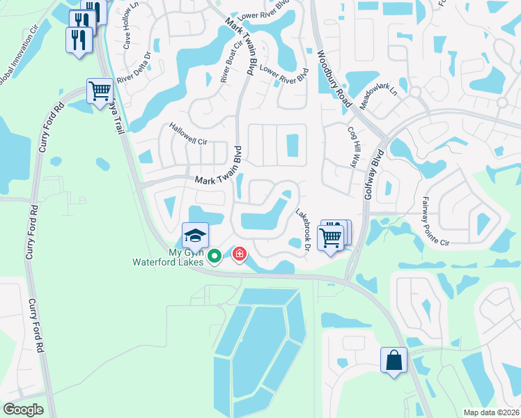 map of restaurants, bars, coffee shops, grocery stores, and more near 12849 Waterhaven Circle in Orlando