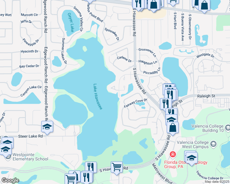 map of restaurants, bars, coffee shops, grocery stores, and more near 7204 Bay Club Way in Orlando