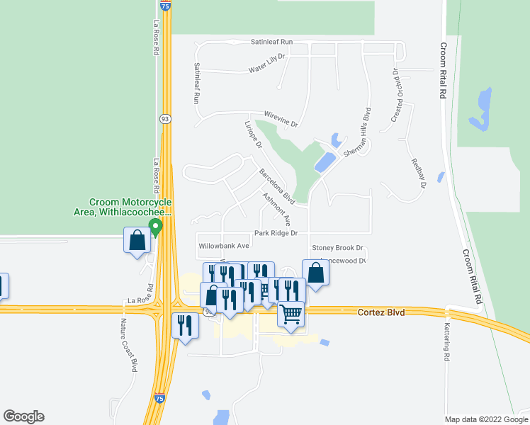 map of restaurants, bars, coffee shops, grocery stores, and more near 6468 Robinswood Avenue in Brooksville