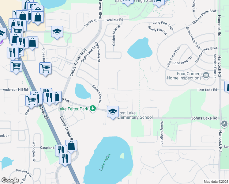 map of restaurants, bars, coffee shops, grocery stores, and more near 1784 Nature Cove Lane in Clermont