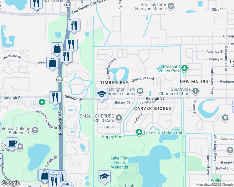 map of restaurants, bars, coffee shops, grocery stores, and more near 1030 Clovercrest Road in Orlando