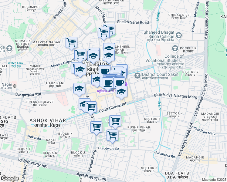 map of restaurants, bars, coffee shops, grocery stores, and more near in New Delhi