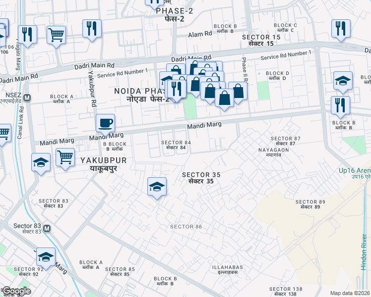map of restaurants, bars, coffee shops, grocery stores, and more near Hosiery Complex Road in New Okhla Industrial Development Area