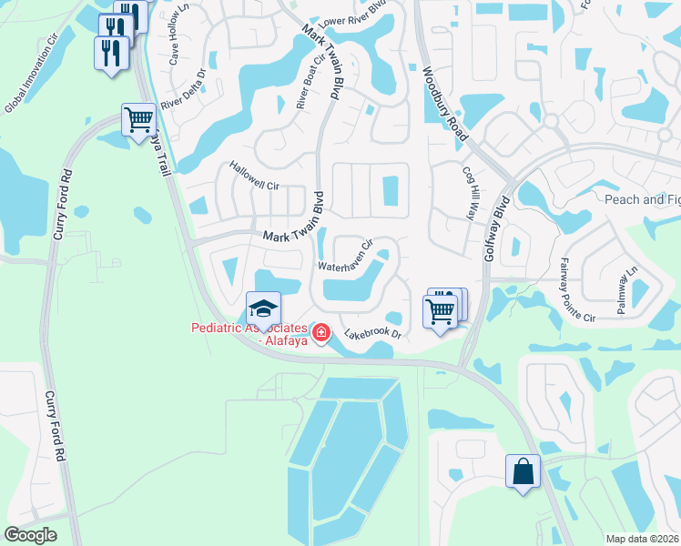 map of restaurants, bars, coffee shops, grocery stores, and more near 12849 Waterhaven Circle in Orlando