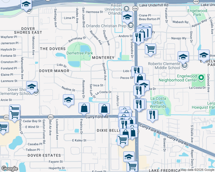 map of restaurants, bars, coffee shops, grocery stores, and more near 1201 Romano Avenue in Orlando