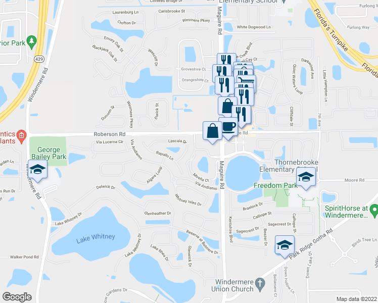 map of restaurants, bars, coffee shops, grocery stores, and more near 947 Lascala Drive in Windermere