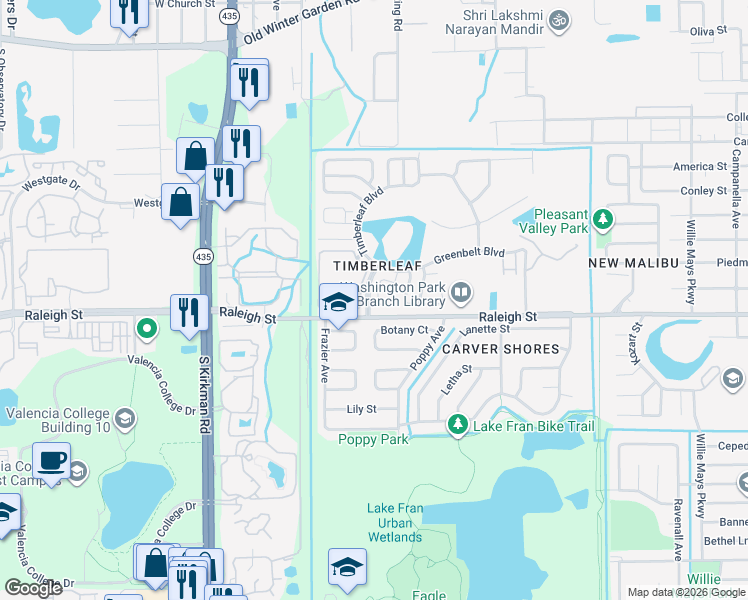 map of restaurants, bars, coffee shops, grocery stores, and more near 1030 Clovercrest Road in Orlando
