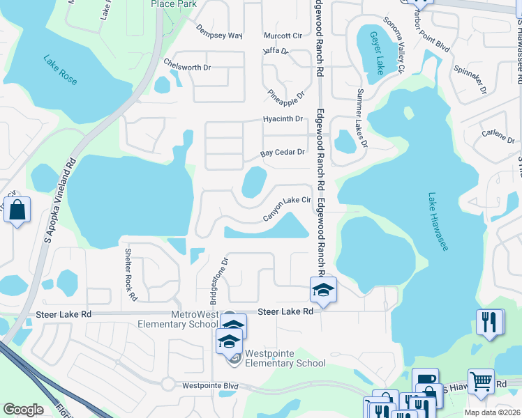 map of restaurants, bars, coffee shops, grocery stores, and more near 7878 Canyon Lake Circle in Orlando