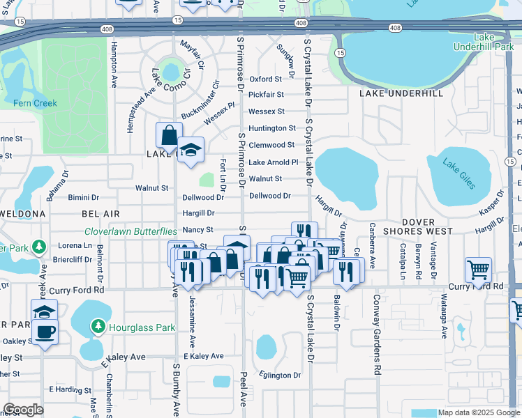 map of restaurants, bars, coffee shops, grocery stores, and more near 2901 Hargill Drive in Orlando