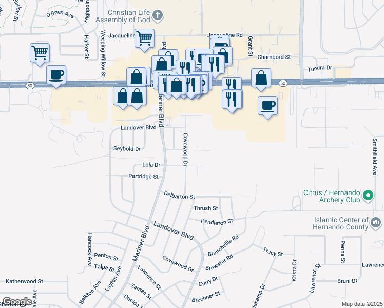 map of restaurants, bars, coffee shops, grocery stores, and more near 13126 Tara Street in Spring Hill