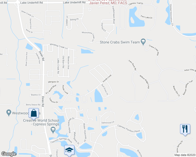 map of restaurants, bars, coffee shops, grocery stores, and more near 10900 Inside Loop in Orlando