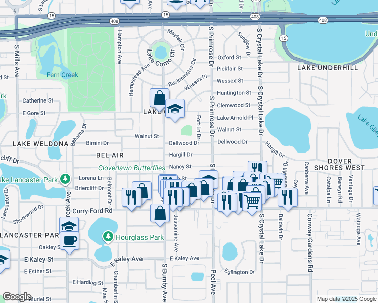 map of restaurants, bars, coffee shops, grocery stores, and more near 2601 Hargill Drive in Orlando