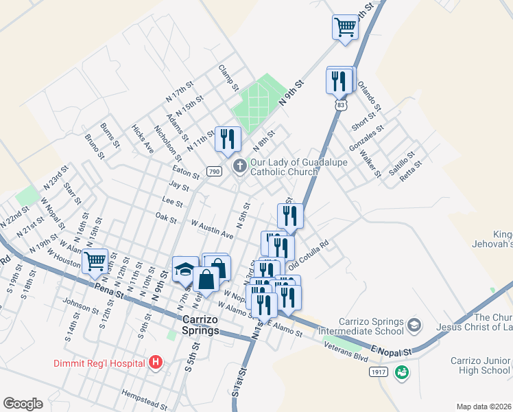 map of restaurants, bars, coffee shops, grocery stores, and more near 909 North 4th Street in Carrizo Springs