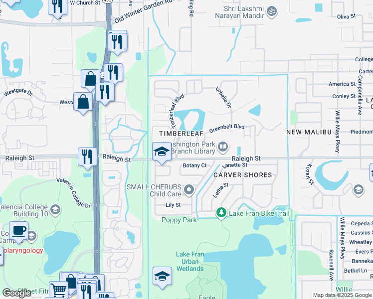map of restaurants, bars, coffee shops, grocery stores, and more near 1030 Clovercrest Road in Orlando