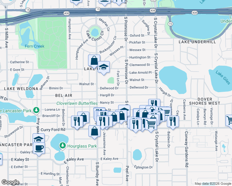 map of restaurants, bars, coffee shops, grocery stores, and more near 2601 Hargill Drive in Orlando