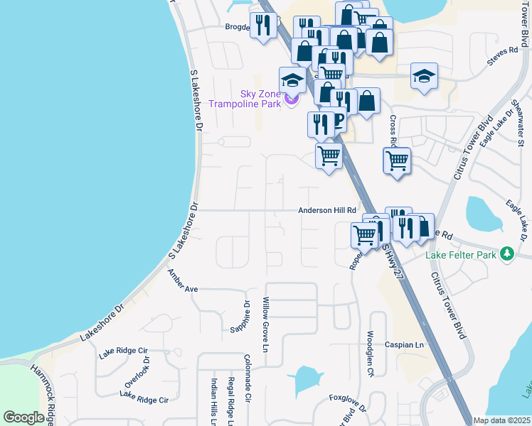 map of restaurants, bars, coffee shops, grocery stores, and more near 16504 Sunshine Drive in Clermont