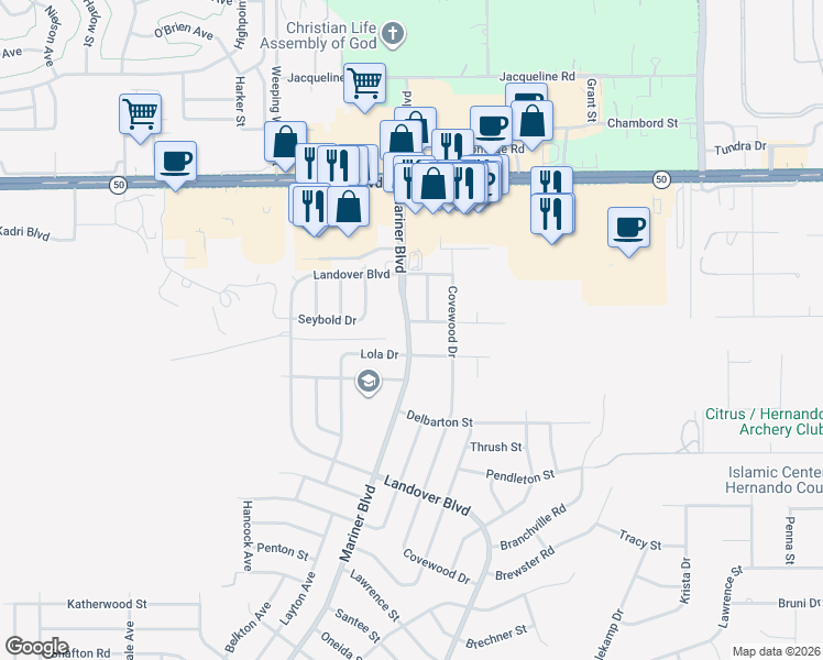 map of restaurants, bars, coffee shops, grocery stores, and more near 6810 Mariner Boulevard in Spring Hill