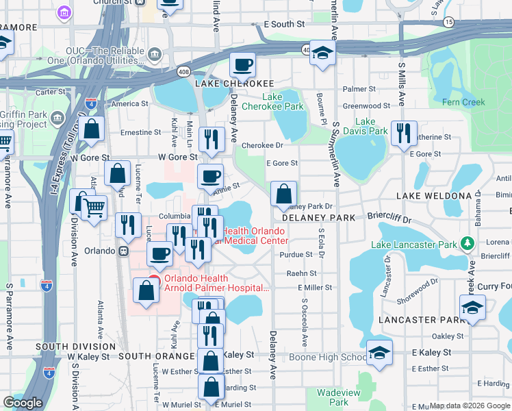 map of restaurants, bars, coffee shops, grocery stores, and more near 1100 Delaney Avenue in Orlando