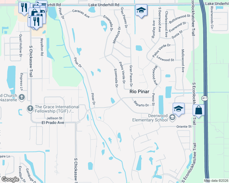 map of restaurants, bars, coffee shops, grocery stores, and more near 1422 Ensenada Drive in Orlando