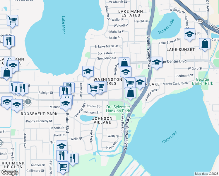map of restaurants, bars, coffee shops, grocery stores, and more near 3423 Lewis Court in Orlando