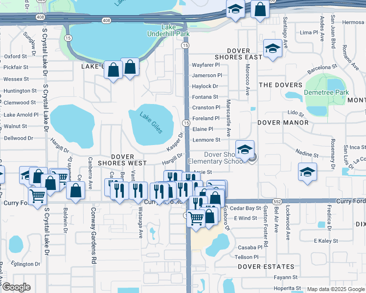 map of restaurants, bars, coffee shops, grocery stores, and more near 1110 South Conway Road in Orlando